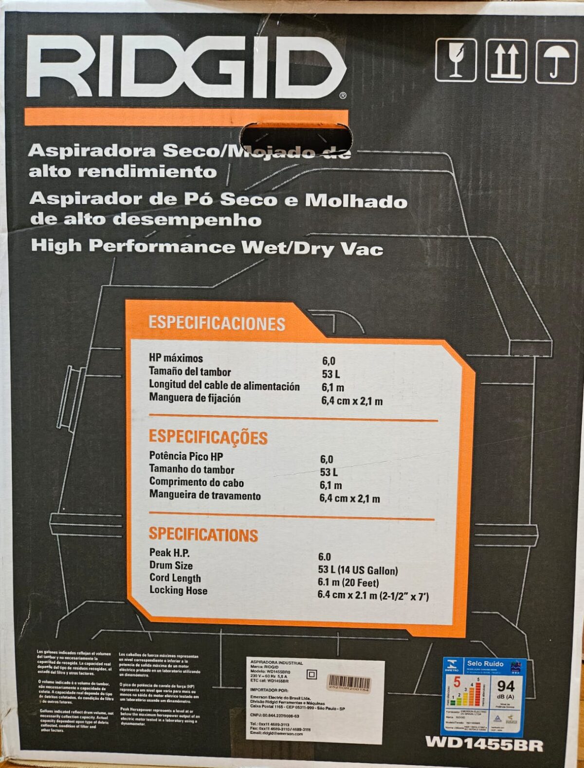 Aspiradora Ridgid (50898) #Wd-1455 6.0 Hp. 53 Lt.